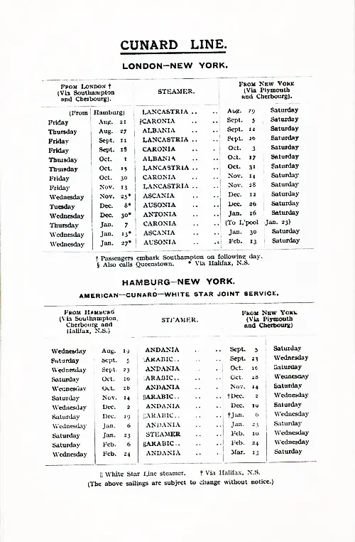 Proposed Sailings, Cunard Line, London-New York and Hamburg-New York (Joint Service Between American Line, Cunard, and White Star Line). from 19 August 1925 to 13 March 1926.