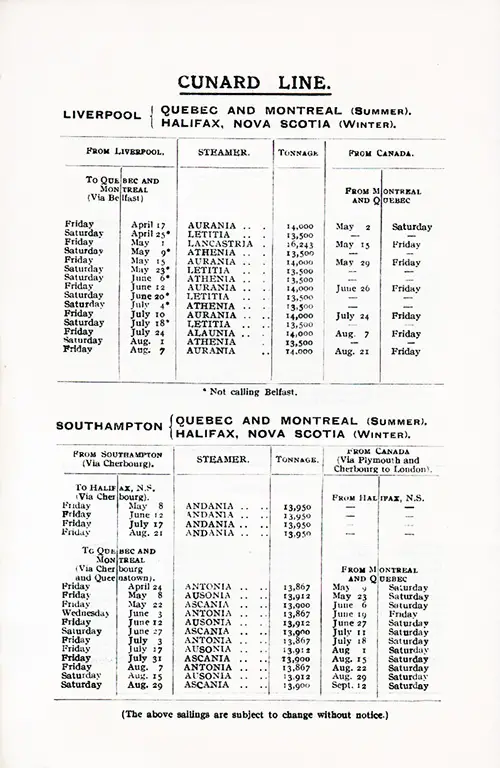 Proposed Sailings, Liverpool-Quebec-Montreal, Liverpool-Halifax, Southampton-Quebec-Montreal, and Southampton-Halifax, from 17 April 1925 to 12 September 1925.