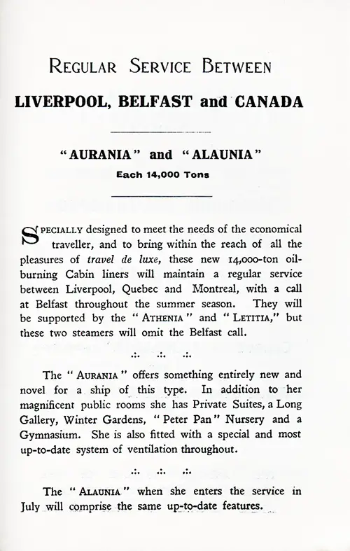 Regular Service Between Liverpool-Belfast-Canada by the Cunard Ships Aurania and Alaunia, Each 14,000 Tons, 1925.