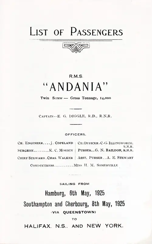 Title Page, SS Andania Cabin Passenger List, 6 May 1925, Hamburg to Halifax and New York via Southampton, Cherbourg, and Queenstown.