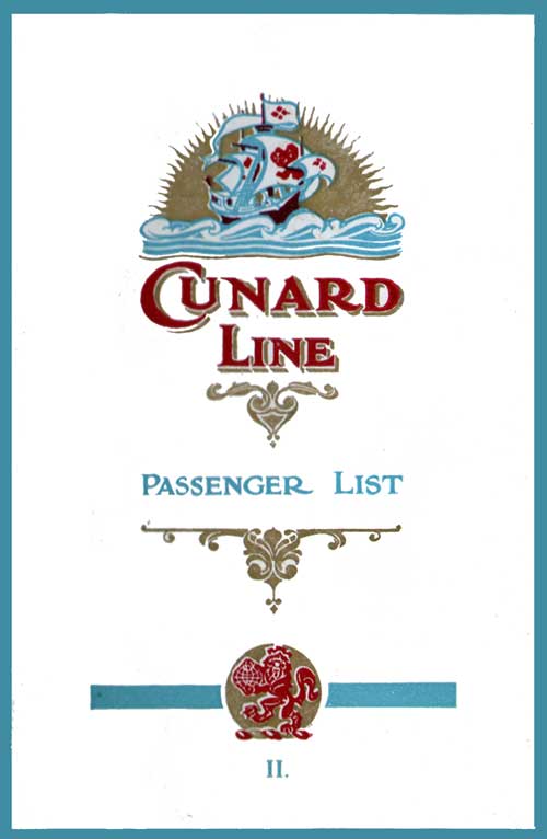 Front Cover of a Second Class Passenger List for the RMS Berengaria of the Cunard Line, Departing Saturday, 15 September 1923 from Southampton to New York.