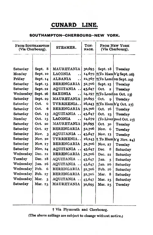 Sailing Schedule, Southampton-Cherbourg-New York, from 8 September 1923 to 25 March 1924.
