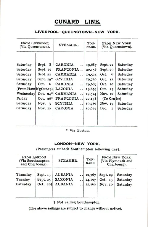 Sailing Schedule, Liverpool-Queenstown (Cobh)-New York and London-New York, from 8 September 1923 to 1 December 1923.