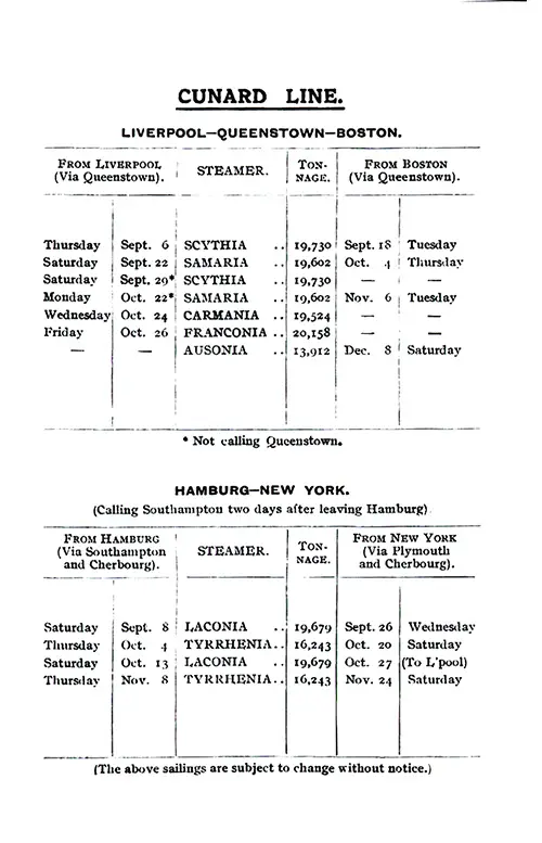 Sailing Schedule, Liverpool-Queenstown (Cobh)-Boston and Hamburg-Southampton-New York, from 6 September 1923 to 8 December 1923.