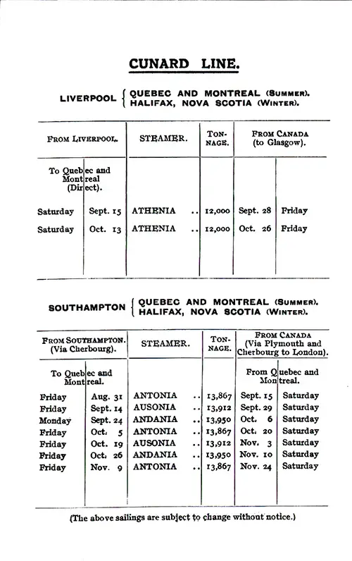 Sailing Schedule, Liverpool or Southampton to Canadian Ports, from 15 September 1923 to 24 November 1923.