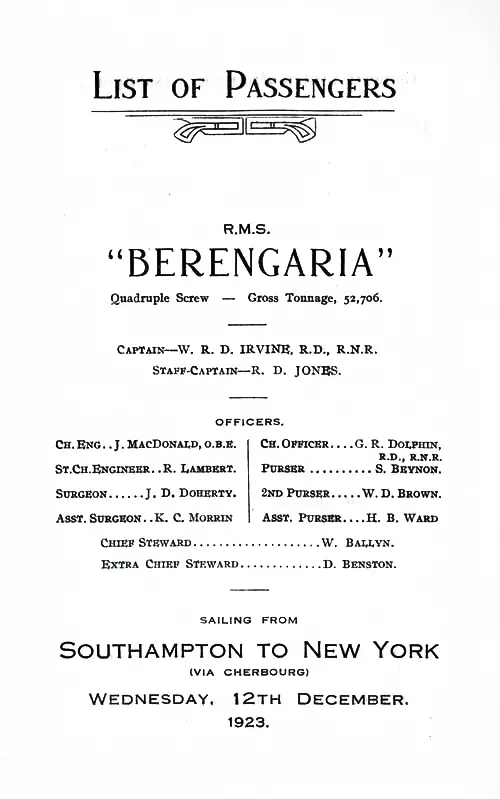 Title Page, RMS Berengaria Second Class Passenger List, 12 December 1923.