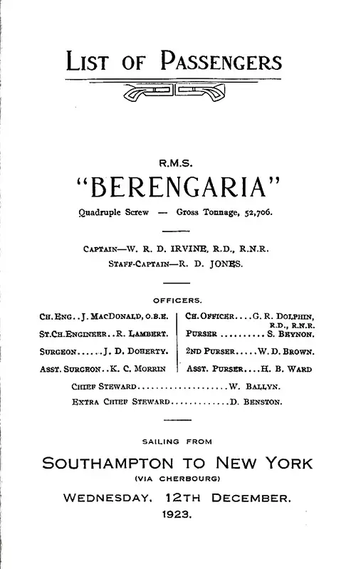 Title Page Including Senior Officers and Staff, RMS Berengaria Second Class Passenger List, 12 December 1923.