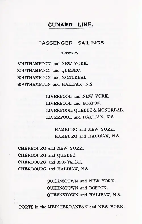 Cunard Line Services, 1923.