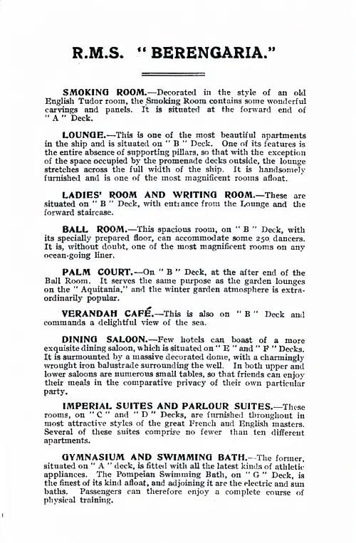 Accommodations on the RMS Berengaria, 1923.