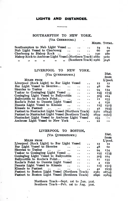 Lights and Distances. Southampton to New York via Cherbourg. Liverpool to New York via Queenstown (Cobh). Liverpool to Boston via Queenstown.