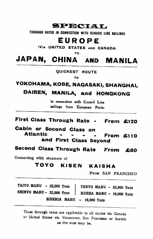 Cunard Line Services to Japan, China, and Manila.