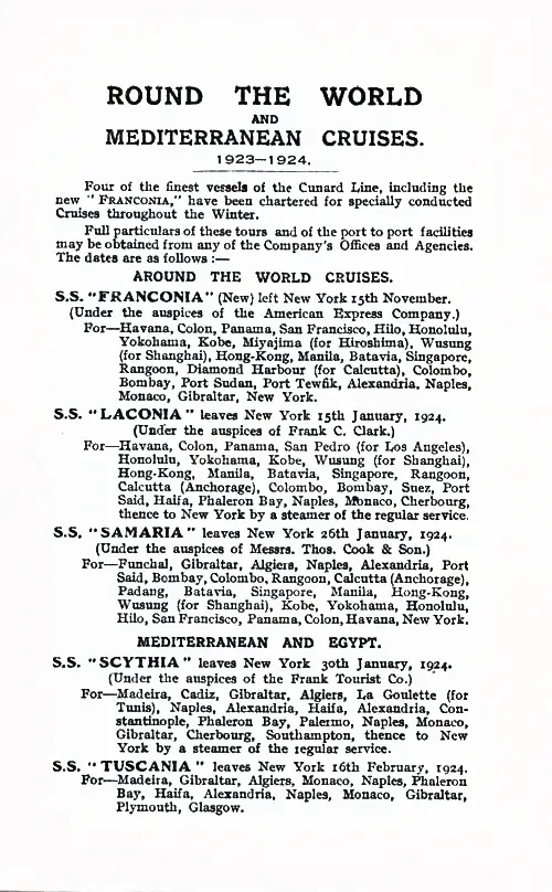 Advertisement: Around the World and Mediterranean Cruises, 1923-1924 on the SS Franconia, SS Laconia, SS Samaria, SS Scythia, and SS Tuscania.