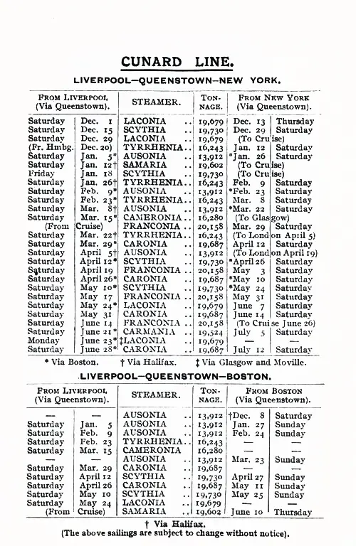 Sailing Schedule, Liverpool-Queenstown (Cobh)-New York and Liverpool-Queenstown-Boston, from 1 December 1923 to 12 July 1924.