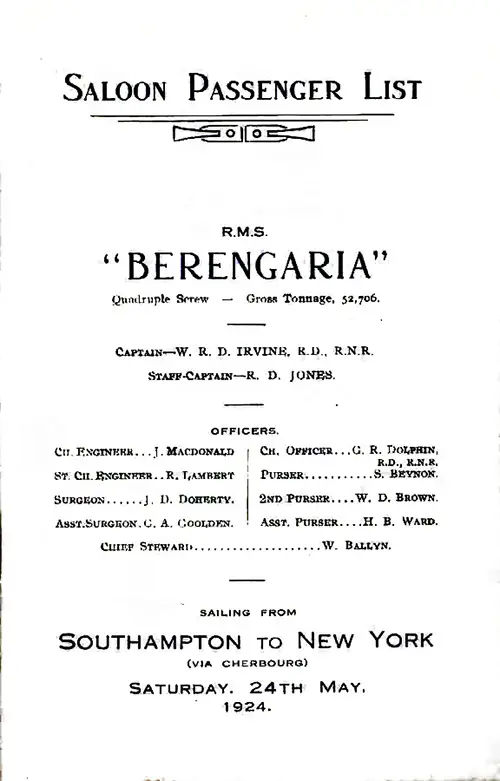 Title Page Including Senior Officers and Staff, RMS Berengaria Saloon Passenger List, 24 May 1924.