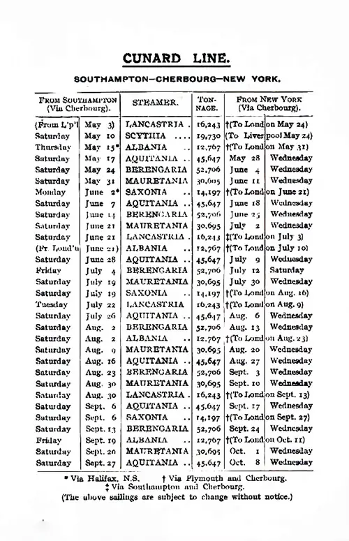 Sailing Schedule, Southampton-Cherbourg-New York, from 3 May 1925 to 8 October 1925.