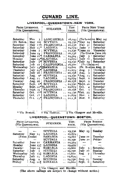 Sailing Schedule, Liverpool-Queenstown (Cobh)-New York or Boston, from 3 May 1924 to 8 November 1924.