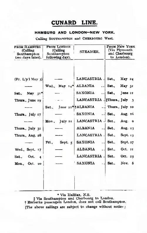 Sailing Schedule, Hamburg-London-New York, from 3 May 1924 to 8 November 1924.