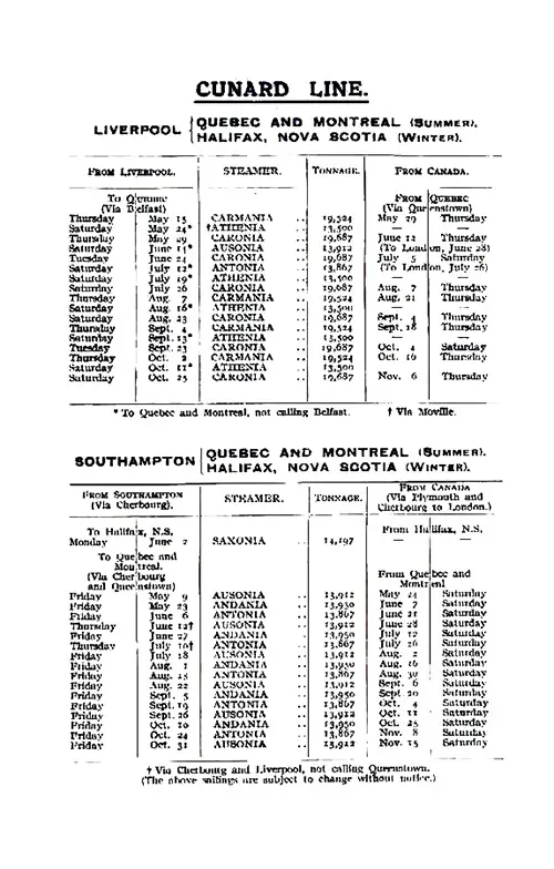 Sailing Schedule, Liverpool or Southampton to Canadian Ports, from 9 May 1924 to 15 November 1924.