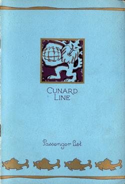 Front Cover of a First Class Passenger List from RMS Berengaria of the Cunard Line, Departing Saturday, 2 May 1931 from Southampton to New York via Cherbourg