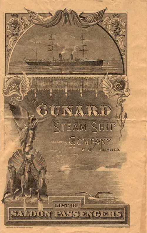 Front Cover, Saloon Passenger List for the SS Campania of the Cunard Line, Departing Saturday, 31 August 1895 from New York to Liverpool.