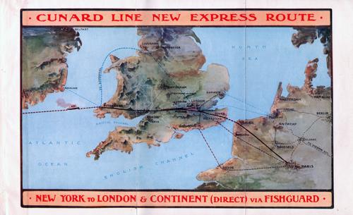 Map of the Cunard Line New Express Route: New York to London & Continent (Direct) via Fishguard circa 1910.
