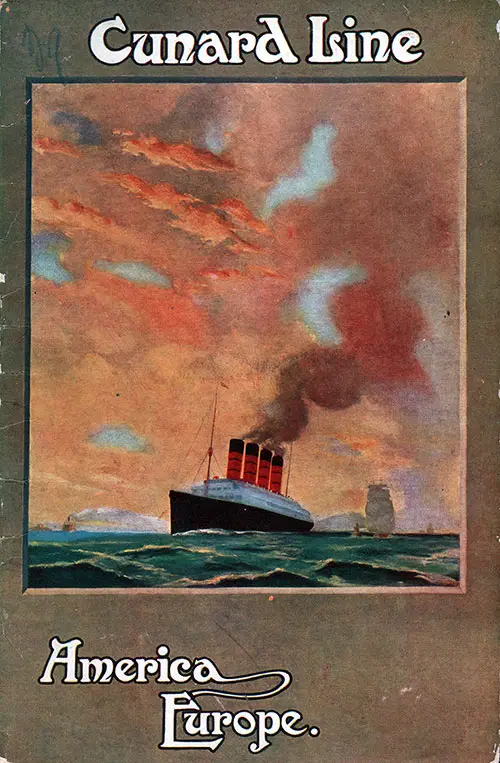 Front Cover of a Saloon Passenger List for the RMS Carmania of the Cunard Line, Departing Saturday, 2 August 1913 from New York to Liverpool via Queenstown (Cobh) and Fishguard