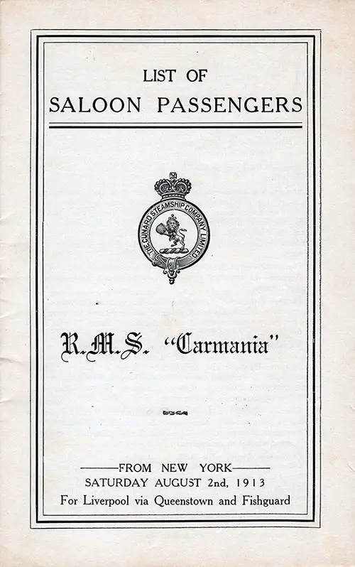 Title Page, RMS Carmania Saloon Passenger List, 2 August 1913.
