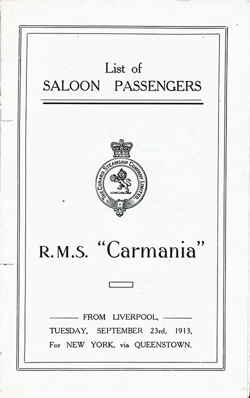 Title Page, RMS Carmania Saloon Passenger List, 23 September 1913.