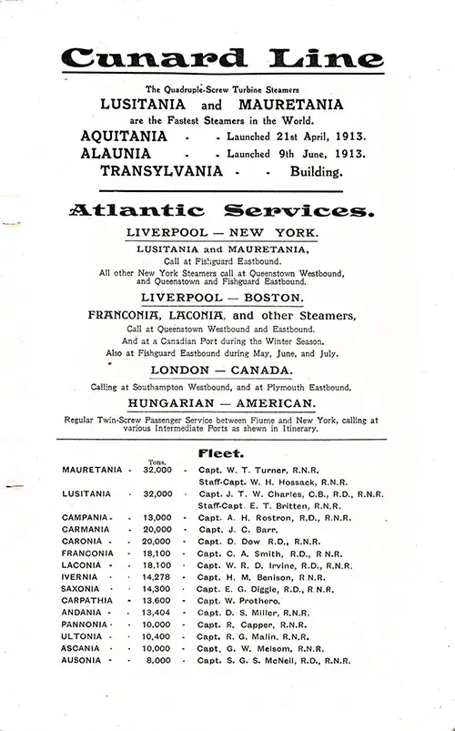Cunard Line Fleet List and Atlantic Services, 1913.