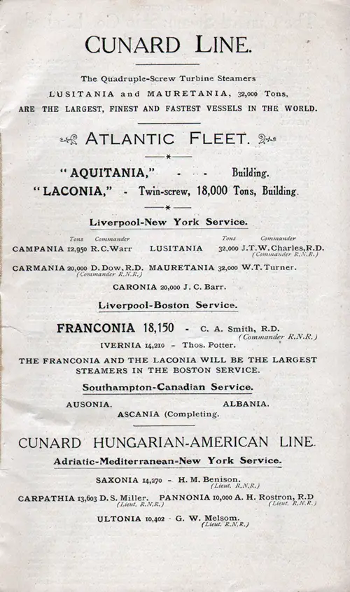 Atlantic Fleet of the Cunard Line containing Name of Ship, Tonnage, and Commander, 1911.