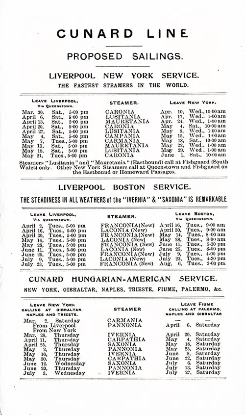 Proposed Sailings, Liverpool-New York Service, Liverpool-Boston Service, and Hungarian-American Service from 2 March 1912 to 6 August 1912.
