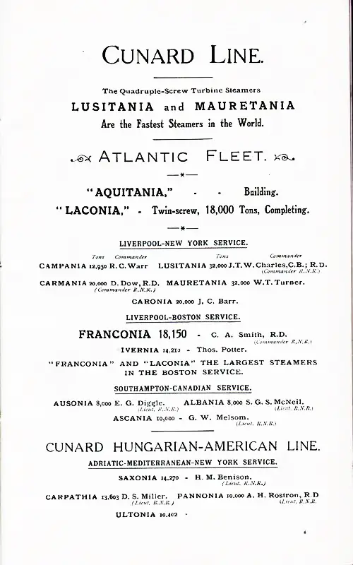 Cunard Line Atlantic Services and Fleet List with Tonnage and Assigned Commanders, 1911.