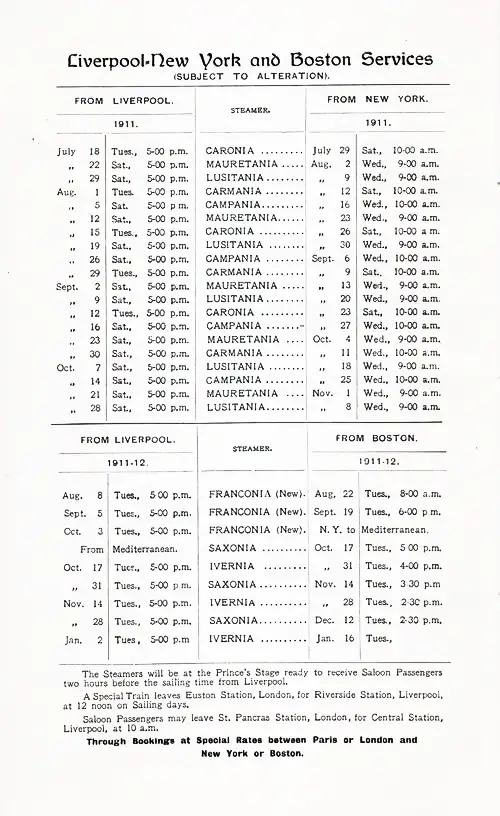 Cunard Liverpool-New York and Boston Services Sailing Schedule from 18 July 1911 to 16 January 1912.
