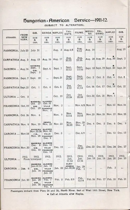 Cunard Hungarian-American Service, 1911 to 1912 Sailing Schedule.
