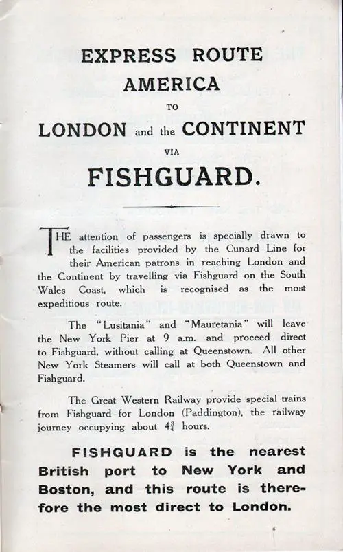 Cunard Promotion for the Express Route from 1911: America to London and the Continent via Fishguard.