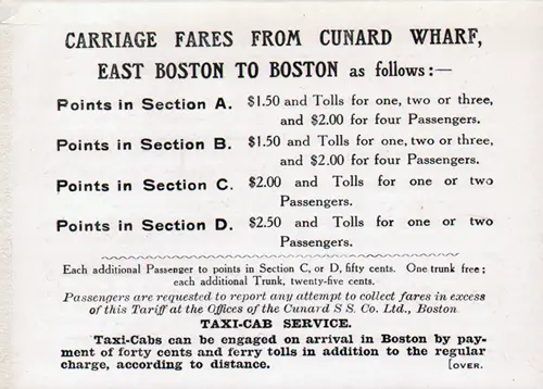 Carriage Fares from Cunard Wharf, East Boston, to Boston. Taxi-Cab Service.