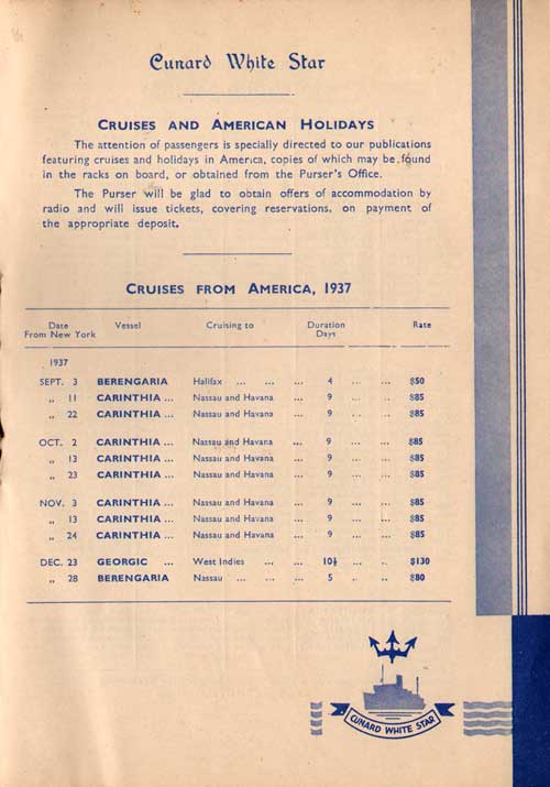 Cunard White Star Cruises Sailing Schdule for September through December 1937.