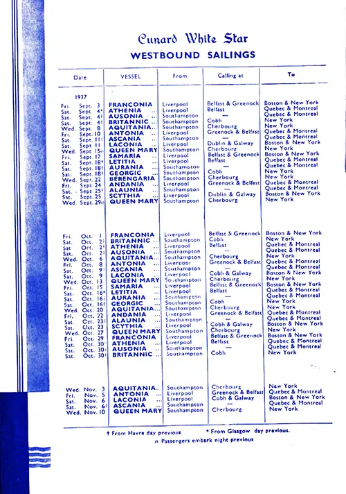 Cunard White Star Westbound Sailing Schedule for September to November 1937.