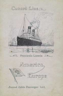 Front Cover of a Second Cabin Passenger List for the SS Laconia of the Cunard Line, Departing on Tuesday, 28 May 1912 from Boston to Liverpool via Queenstown (Cobh) and Fishguard