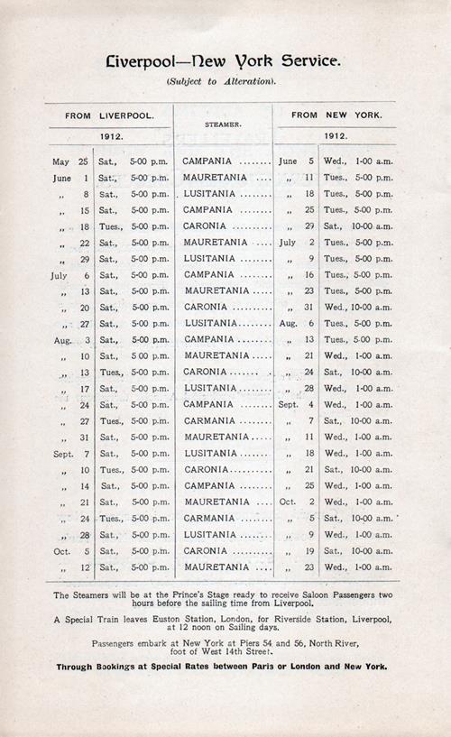 Cunard Liverpool-New York Service Sailing Schedule from 25 May 1912 to 23 October 1912. 