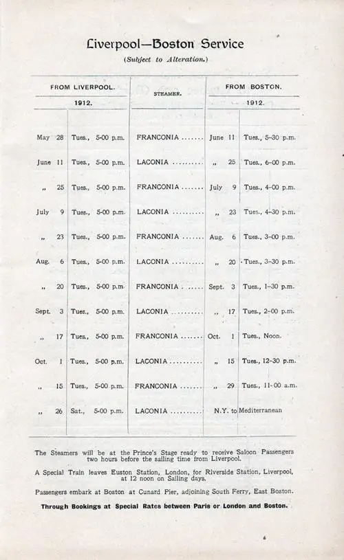 Cunard Liverpool-Boston Service Sailing Schedule from 28 May 1912 to 26 October 1912.