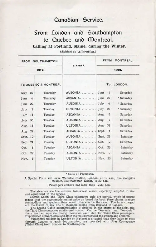 Cunard Canadian Service Sailing Schedule from 16 May 1912 to 23 November 1912.