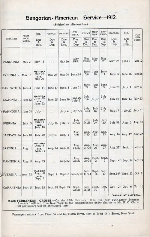 Cunard Hungarian-American Service Sailing Schedule from 2 May 1912 to 16 October 1912.