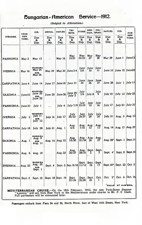 Cunard Hungarian-American Service Sailing Schedule from 2 May 1912 to 16 October 1912.