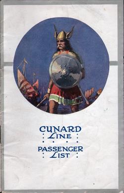 Front Cover of a Saloon and Second Cabin Passenger List for the RMS Laconia of the Cunard Line, Departing Thursday, 24 August 1922 from Liverpool to New York via Queenstown (Cobh)