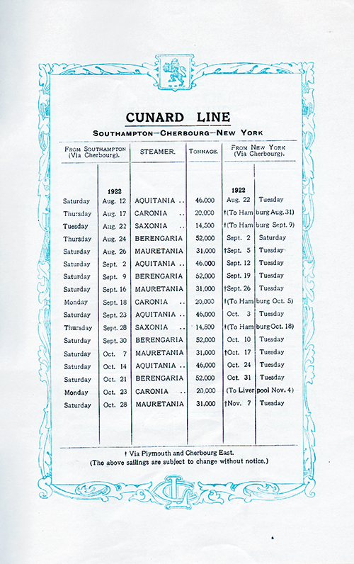 Sailing Schedule, Southampton-Cherbourg-New York, from 12 August 1922 to 7 November 1922.