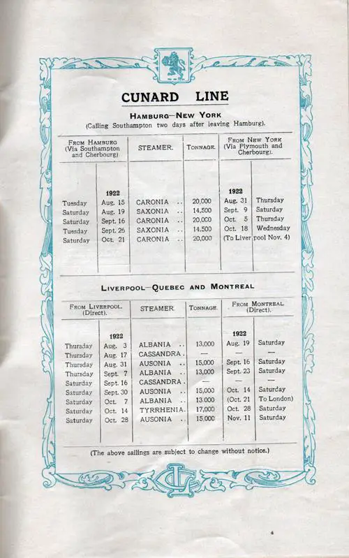 Sailing Schedule, Hamburg-Southampton-New York, and Liverpool-Québec and Montréal, from 3 August 1922 to 11 November 1922.