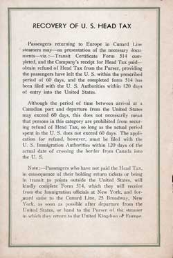 Explanation for the Recovery of the US Head Tax from the Cunard Line, 1931.