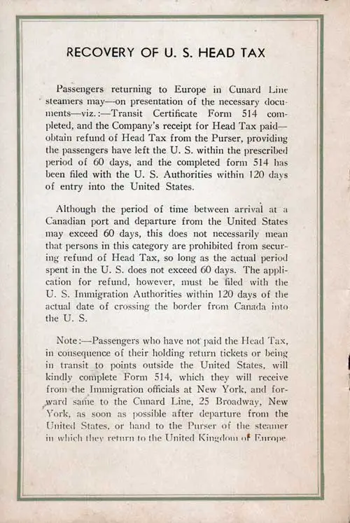 Explanation for the Recovery of the US Head Tax from the Cunard Line, 1931.