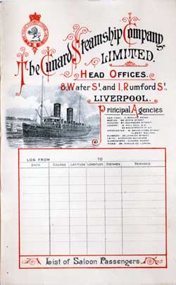 Saloon Passenger Manifest, Cunard Steamship Company, June 1899